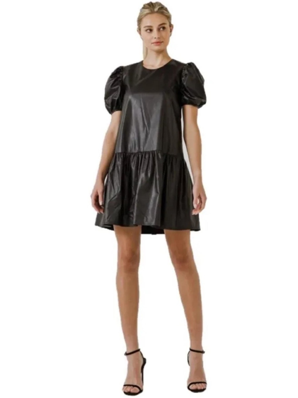 NWT English Factory Puff Sleeve Faux Leather Mini Dress - Black